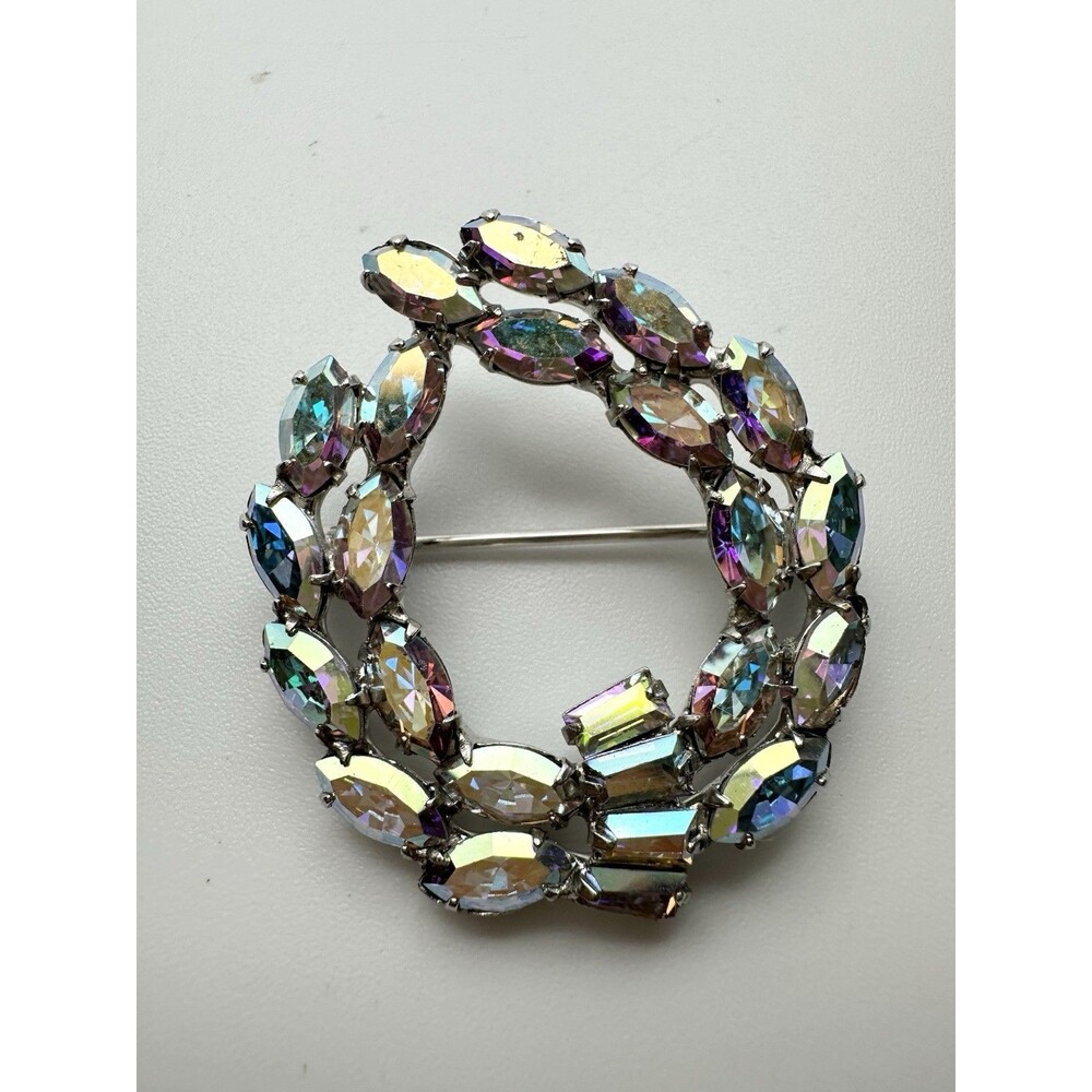 Vintage B. David Aurora Borealis Rhinestone Wreath Brooch Pin Silver Tone Signed